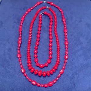 Three Vintage Red Beaded Necklaces